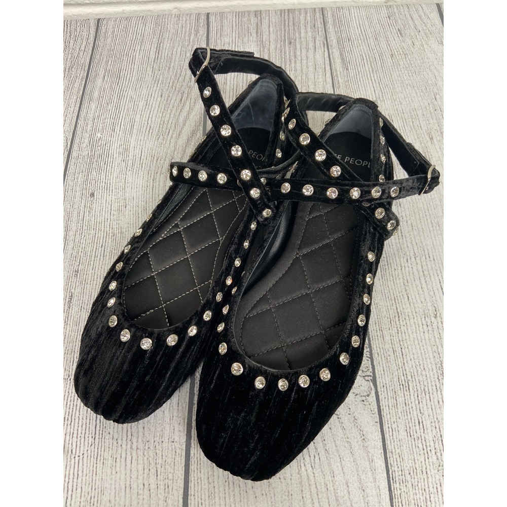 NWOB‎ Free People Grace Gem Ballet Flats Ankle Strap Velvet Shoes Black Size 37